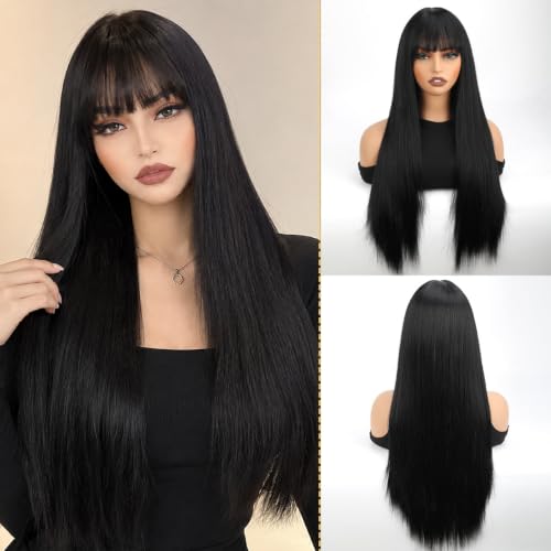 28-Inch Black Synthetic Wig with Bangs - Heat Resistant, Glueless