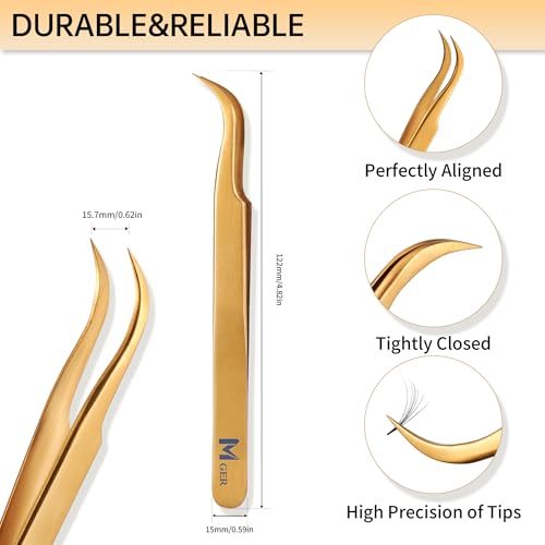 MGER Gold Lash Tweezers Pack of 2 - Curved & Dolphin-Shaped Eyelash Extension Tools