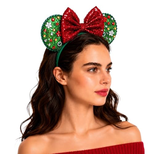 Christmas Mouse Ears Headband for Women Sequin Red Bows with Beads
