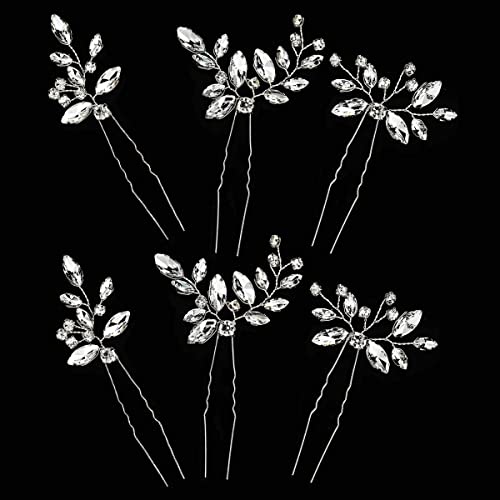 6 Pcs Silver Rhinestone Hair Pins - Elegant Bridal Hair Clips