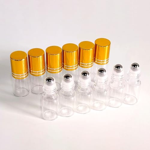 50 PCS 3ml Essential Oil Roller Bottles - Clear Glass with Gold Caps