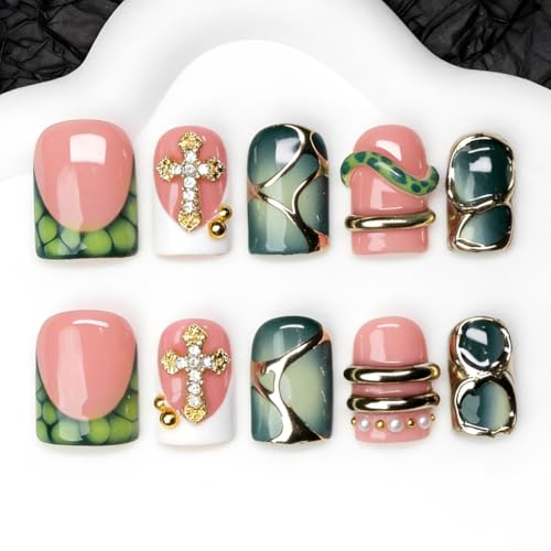 OCOUYVD Green Short Square Press-On Nails with 3D Silver Embossed Designs & Rhinestones - M Size