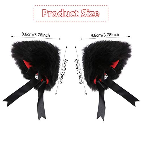 Evermarket Faux Furry Cat Ears Hair Clip with Bell - Cosplay Headband, Black-Inner Red