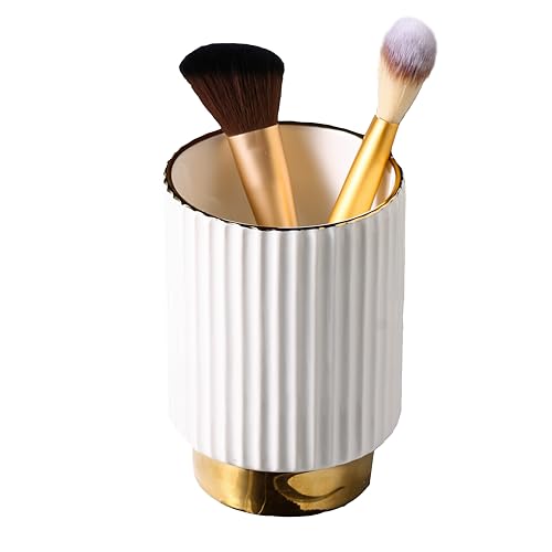 IEEK White Ceramic Makeup Brush Holder Organizer with Gold Accents
