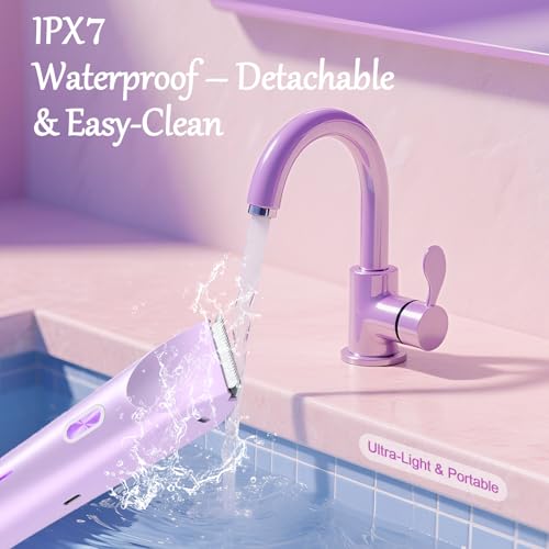 Bikini Trimmer for Women, 2-in-1 Painless Bikini Shaver with Ceramic Blade, Dual-Head Electric Shaver, Ipx7 Waterproof for Shower & Travel, Womens Electric Razor for Armpit Leg Body Facial, Purple