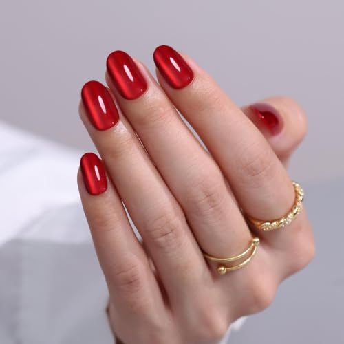 UNA GELLA Soft Gel Press on Nails - Velvet Merlot Red Cat Eye Oval Tips