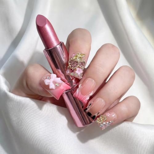 Mirreva Handmade Duck Shape Press on Nails - Y2K Pink Gradient Cherry Bow