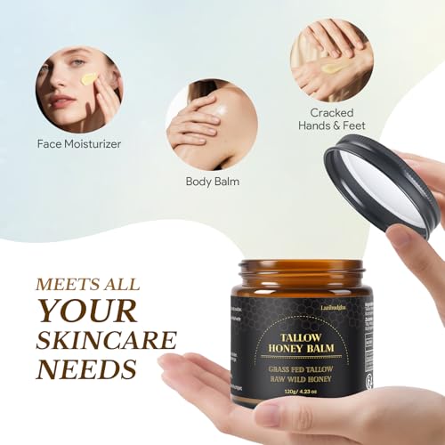 Lazibudgha Grass-Fed Beef Tallow and Honey Balm for Face & Body, 4.2 oz