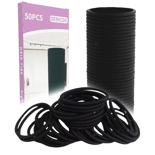Black Elastic Hair Ties 4mm Pack of 50, Durable Ponytail Holders for Kids & Women