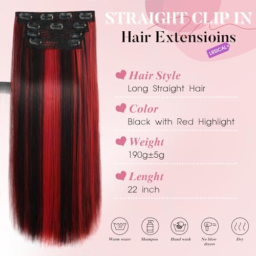 22-Inch Synthetic Clip-In Hair Extensions - Black with Red Highlight, 4PCS