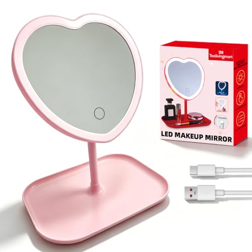 Heart-Shaped LED Makeup Mirror with 3 Light Colors for Girls