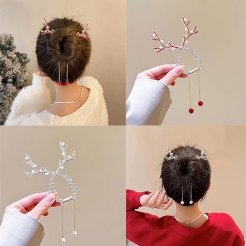 Reindeer Christmas Hair Clips 2Pcs, Ponytail & Bun Holders, Rhinestone Pearl Design