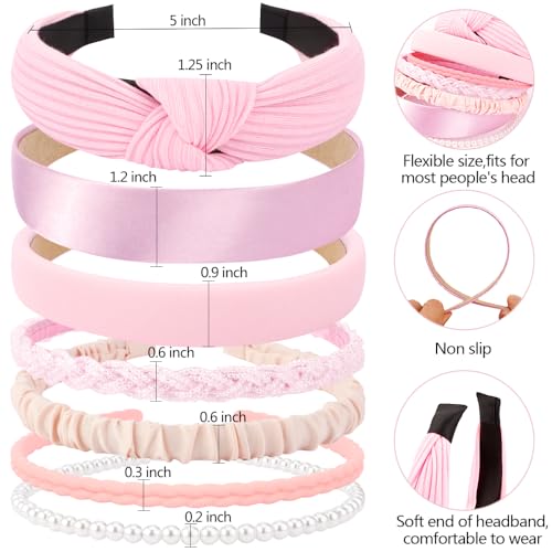AHONEY 7 Pack Pink Headbands for Girls Women Knot Non-Slip Hair Accessories
