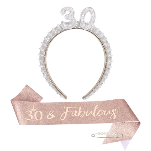 30th Birthday Headband, Sash & Pearl Pin Set - Party Decorations for Her
