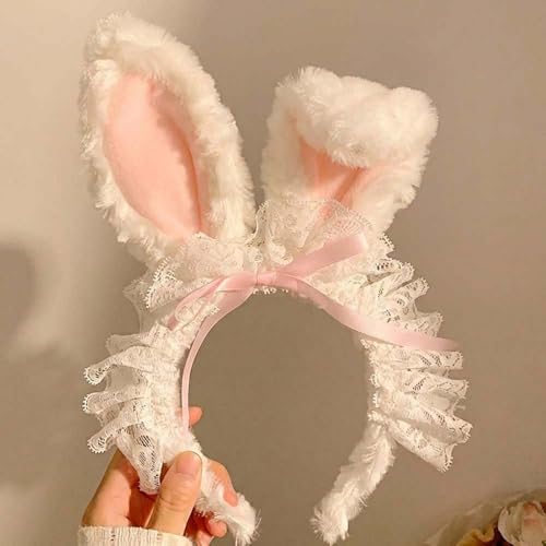 Pink Lace Easter Bunny Ears Headband with Curly Rabbit Hair Accessories for Parties & Photos