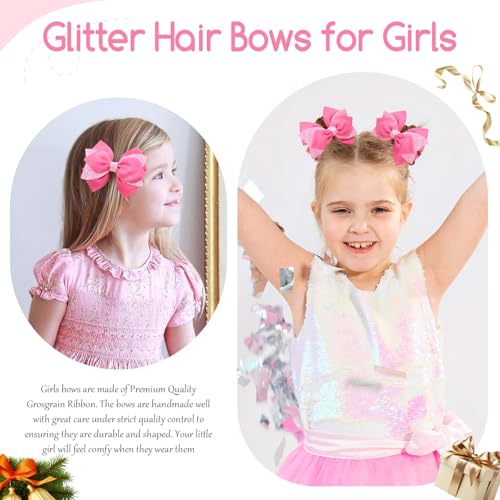 Pink Glitter Hair Bow Clips for Girls Kids Teens - 2PCS 4 Inch Sparkly Hair Accessories