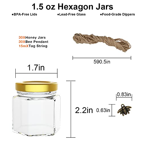 Set of 6 Mini Glass Hexagon Jars with Gold Lids & Bee Charms