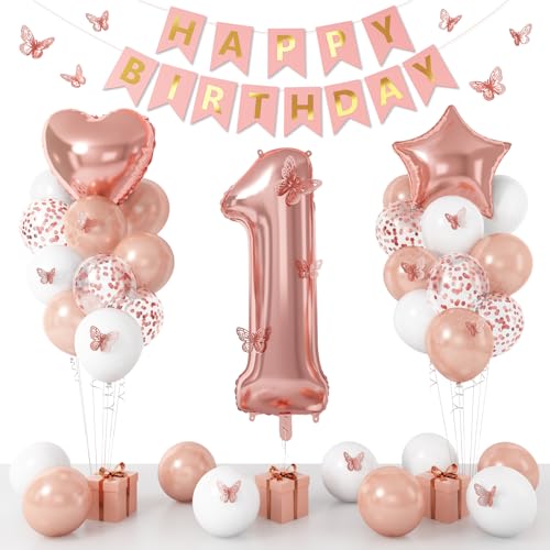 Rose Gold 1st Birthday Decoration Set with Foil Balloons & Banner