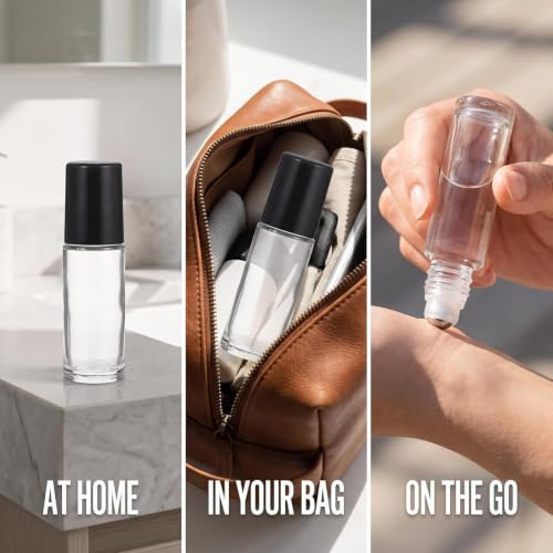 30ML Refillable Glass Essential Oil Roller Bottles Set - Black, Portable, Leakproof
