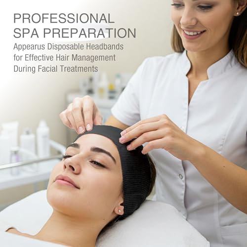 APPEARUS Disposable Black Facial Headbands - 50 Count, Hygienic Single Use, Latex-Free, Nonwoven Stretch Fabric for Salons & Spa