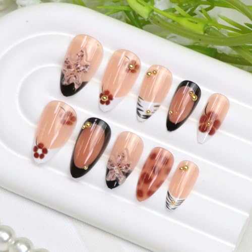 BDKAIWU 3D Flower Black Nude White Brown Short Press On Nails Fake Tips with Gold Pearl & French Design, 24 Pcs