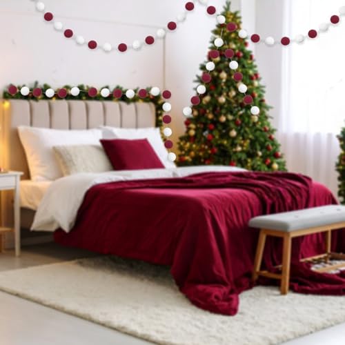 Maroon and White Pom Pom Garland - Set of 2, 8.3 ft Felt Ball Decorations