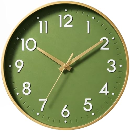 10 Inch Silent Wall Clock - Olive Green & Gold Modern Design