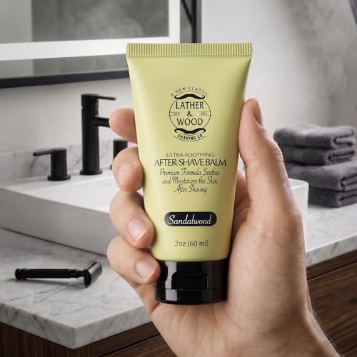 Lather & Wood Sandalwood After-Shave Balm for Sensitive Skin, Soothes Razor Burn & Moisturizes Face