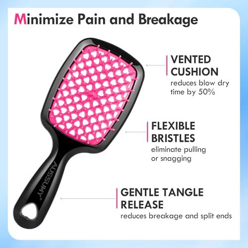 Aussumy 4 Pack Vented Detangling Hair Brush Set for Wet & Dry Hair - Black, Pink, Green, Magenta