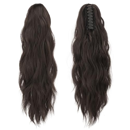 FESHFEN 20-Inch Wavy Claw Clip-in Ponytail Extension - Dark Brown
