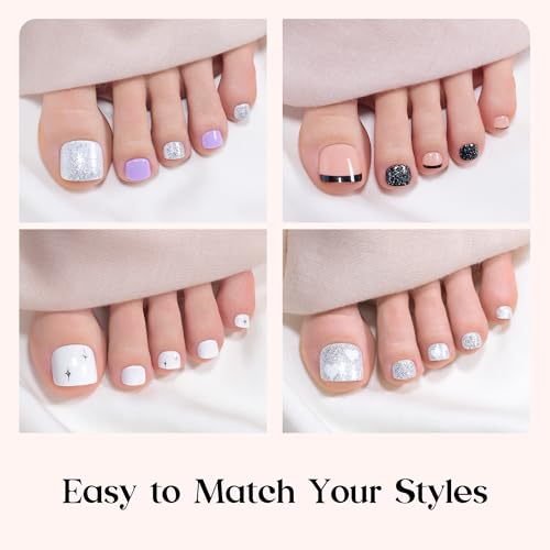 Beetles Glitter Rush Press On Toe Nails Kit - 288 Pcs Short Squoval Fake Nails with Glitter, 12 Colors, Nail Glue & Accessories