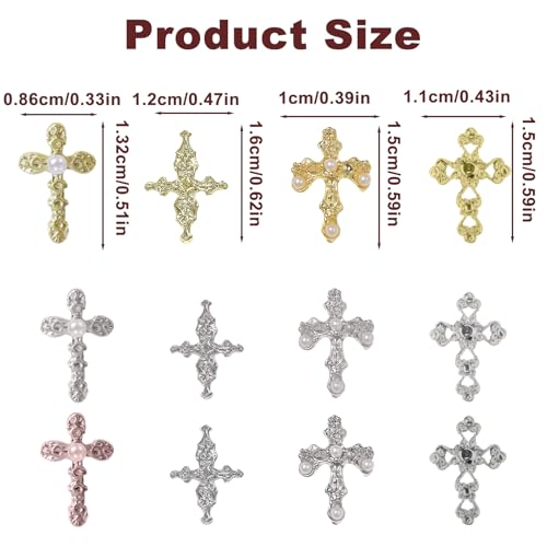 120Pcs Cross Nail Charms Set for DIY Manicure Gold Silver Black Jewelry Accents