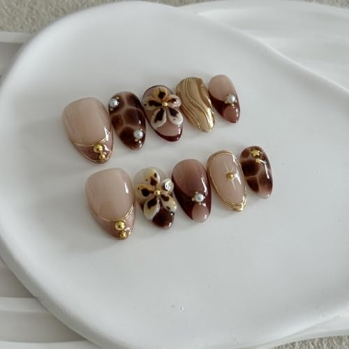 Medium Almond Brown Acrylic Press On Nails with 3D Flowers - Reusable Kit