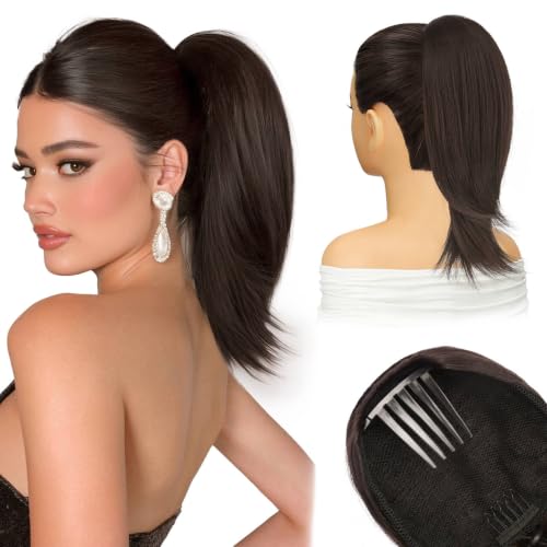 SOFEIYAN 15 Inch Dark Brown Drawstring Ponytail Extension - Thick Straight Clip-In Hairpiece