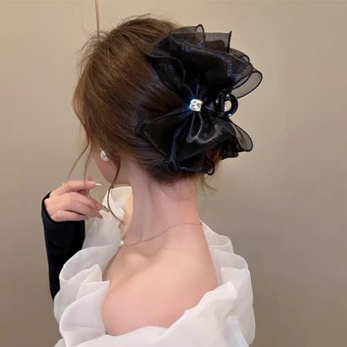 Large Black Mesh Tulle Bow Hair Claw Clips with Diamonds - 2 PCS