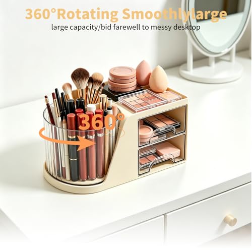 KDYNIX 360° Rotating Makeup Brush Holder, 6-Slot Organizer with 2 Drawers, Cream