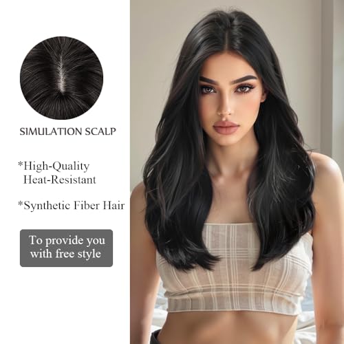OUFEI Black Wig with Curtain Bangs - Natural Straight Curly Synthetic Hair (1291-4)