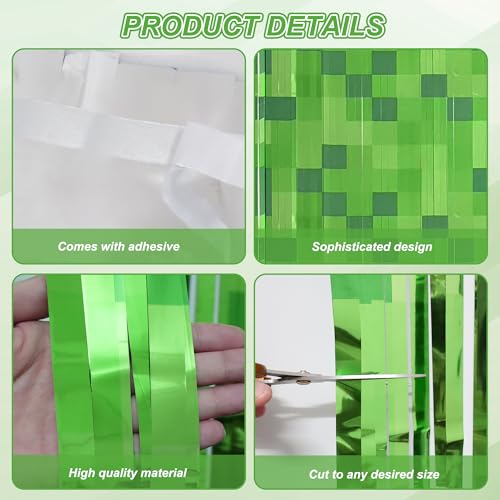 Green Pixel Miner Foil Fringe Curtains - 2 Pack, 3.3x6.6ft for Gamer Party