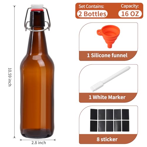 16oz Amber Glass Beer Bottles - 2 Pack with Airtight Flip Caps