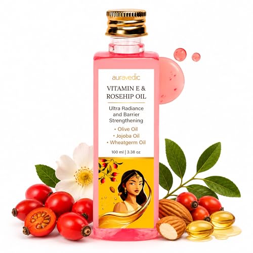 Auravedic Cold-Pressed Rosehip Face Oil with Vitamin E - Hydrating Natural Skin Care, 3.38 Fl Oz