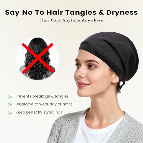 Koeuoi Adjustable Satin-Lined Silk Sleep Cap for Women Men - Black, Medium