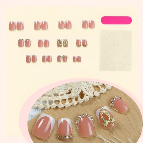 24Pcs Short Square French Tip Press On Nails with Gold Bow Design