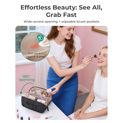 BAGSMART Travel Makeup Bag for Women, Portable Water-resistant Cosmetic Case, Puffy Padded Make Up Organizer Pouch, Open Flat Toiletry Bag for Toiletries, Brushes, Black