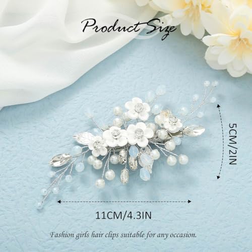 Latious Silver Flower Pearl Bridal Hair Clip with Rhinestones