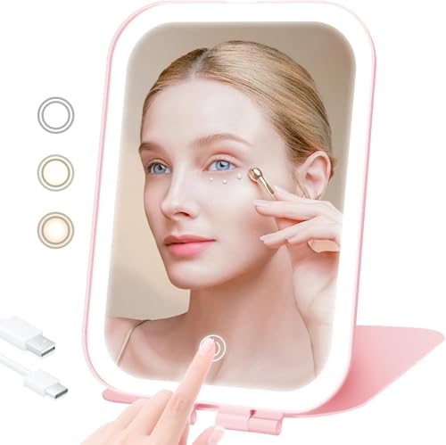 Portable Rechargeable Makeup Mirror with 3 LED Colors - 7.9x5.4 inch, Pink