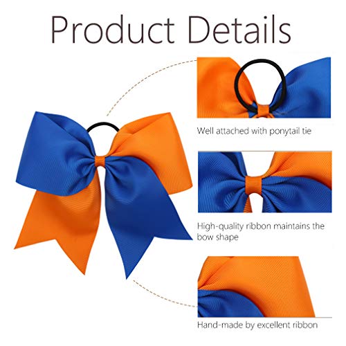 16PCS 8" Cheer Hair Bows - Royal Blue/Orange Ponytail Holders