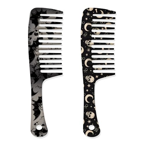 QIUPINGLI 2PCS Wide-Tooth Comb with Cute Handle - Gentle Detangling for All Hair Types (Bat Skull / 2)