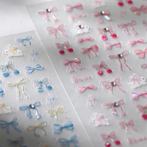 5D Pink Bow Nail Stickers with Rhinestones - Cute Rabbit Design