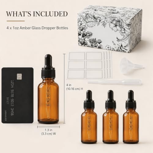 PrettyCare 12 Pack 1oz Amber Glass Dropper Bottles with Black Cap