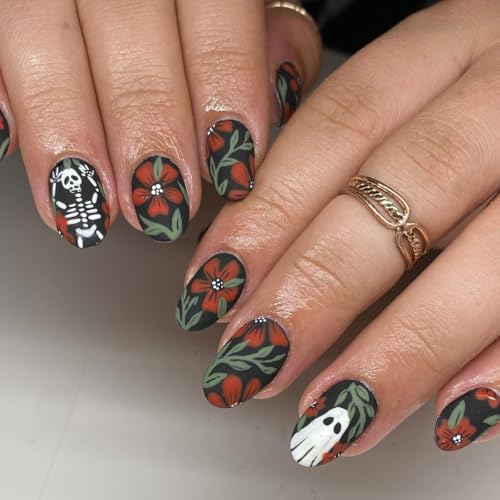Halloween Press On Nails Short Oval Fake Nails with Skull and Ghost Designs - 24 Pack
